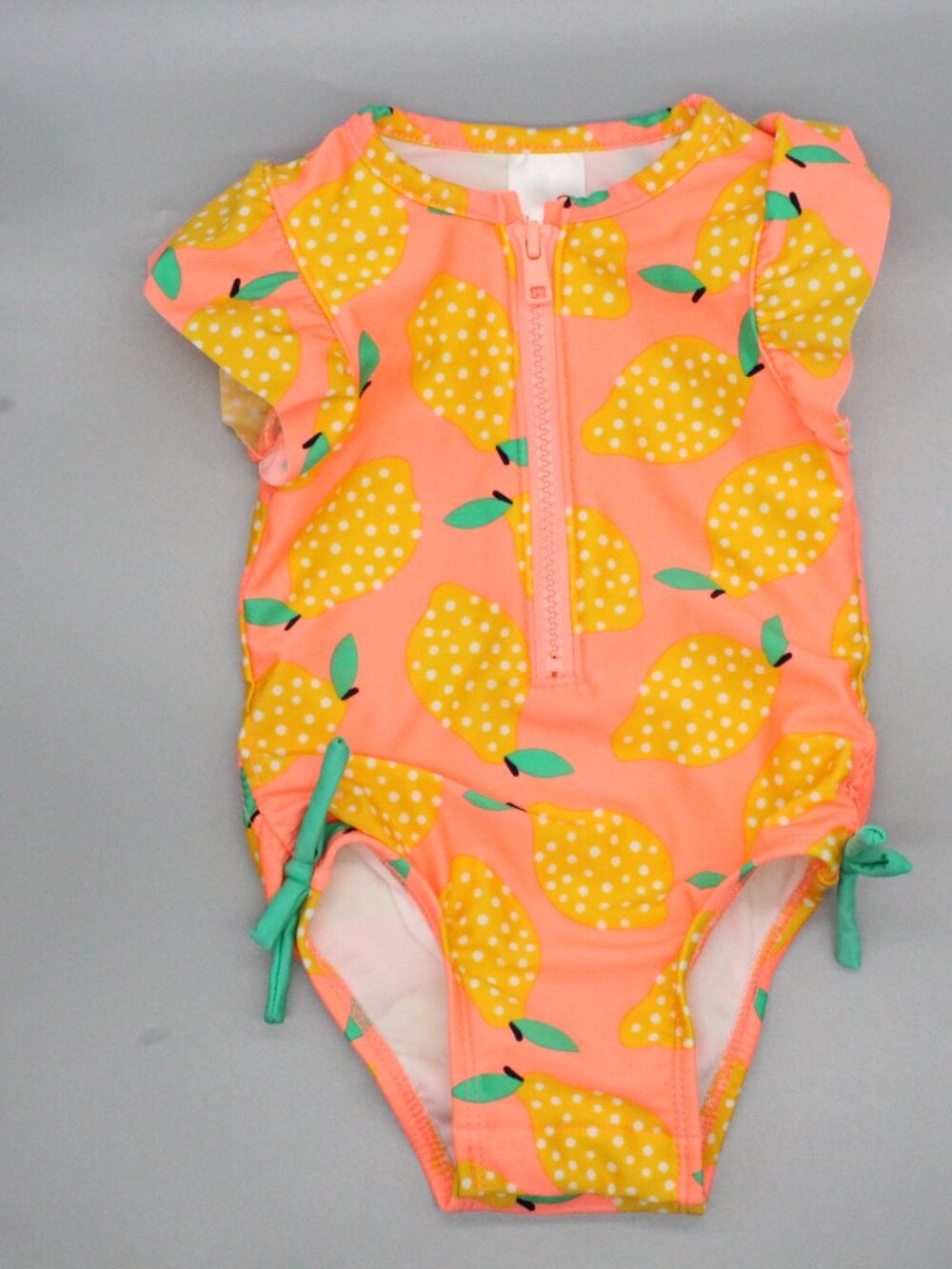 Cat & Jack 12M Coral Pear Print Ruffle Zip One-Piece Swimsuit EUC